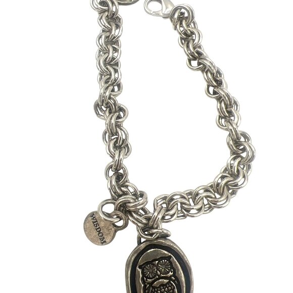 Charm Bracelet Owl Wisdom Pendant Double Link Silvertone Chain Lobster Clasp - Picture 2 of 5